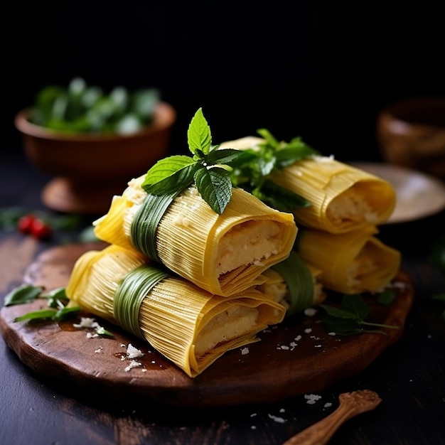 Foto humitas cocido al vapor delicioso de maíz fresco envuelto en cáscaras de maíz