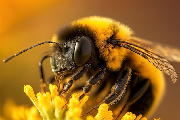 Hummel in Makronahaufnahme auf einer sonnigen gelben Blüte