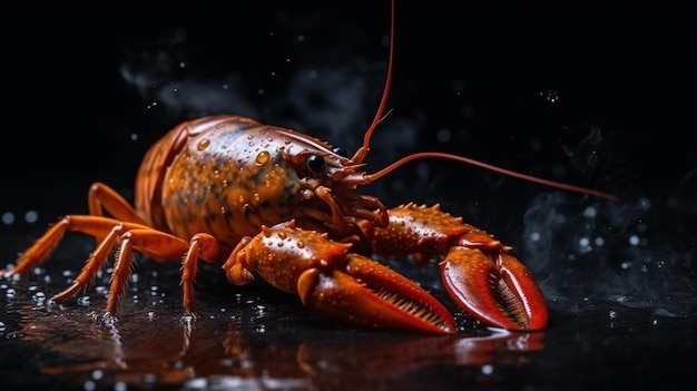 Hummer auf schwarzem Hintergrund mit Wassertropfen Makrogenerative KI