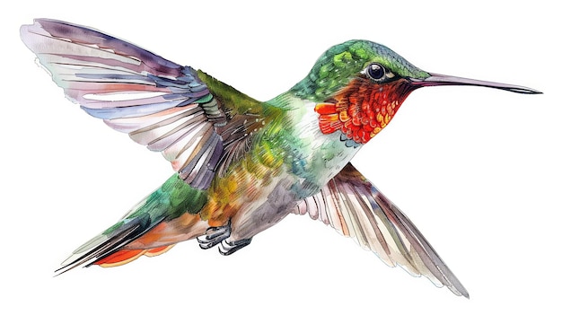 Hummingbird volando diseño de pintura en acuarela aislado