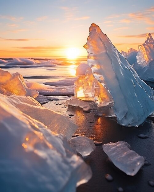 Foto hummocks de gelo na margem do lago baikal ao pôr-do-sol