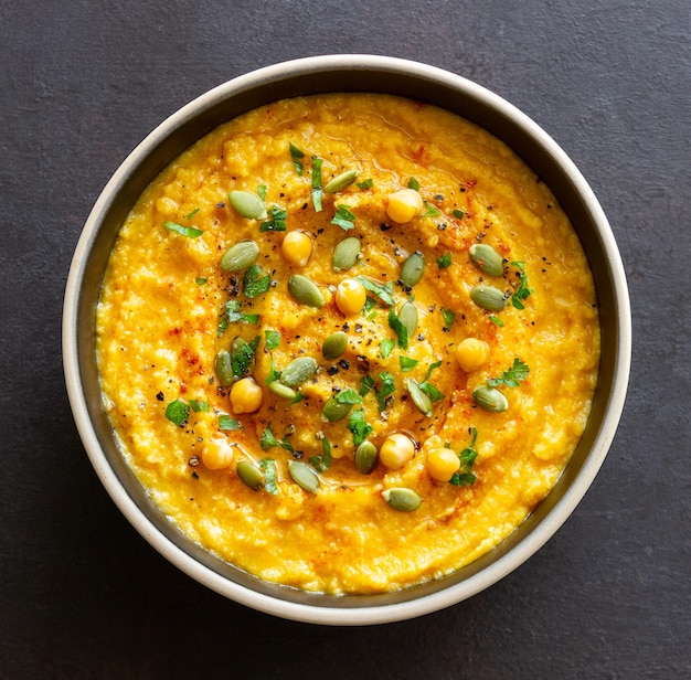 Hummus de calabaza con semillas y verduras Alimentación saludable Comida vegetariana