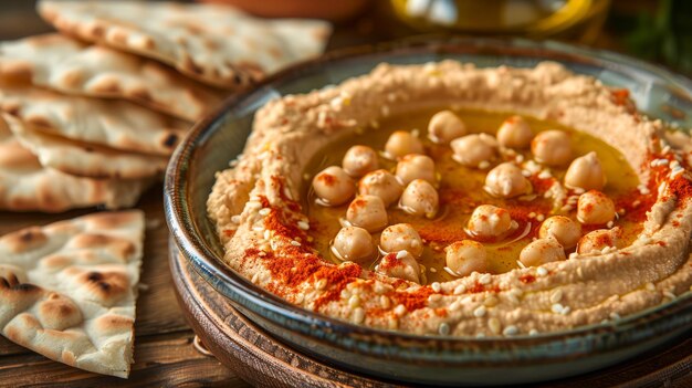 Hummus caseiro tradicional em uma tigela coberta com óleo de oliva e especiarias de grão-de-bico servido com pita