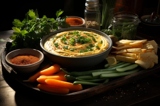 Hummus com cenoura e aipo em uma mesa de pedra escura Contraste reforçado enquadramento amplo Panasonic