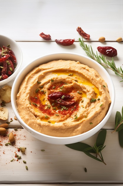 hummus com tomates secos e ervas no fundo branco de tábuas de madeira