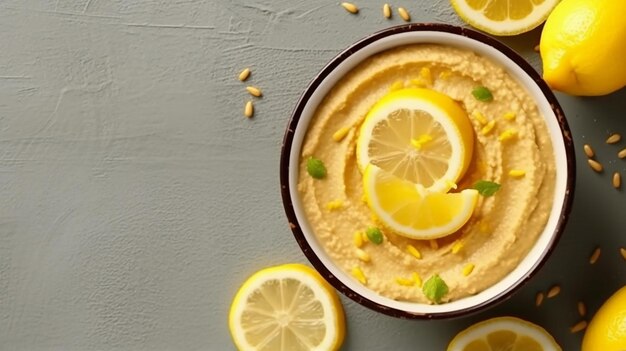 Hummus en un cuenco amarillo con limón