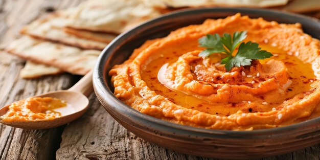 Foto hummus de pimenta vermelha assado