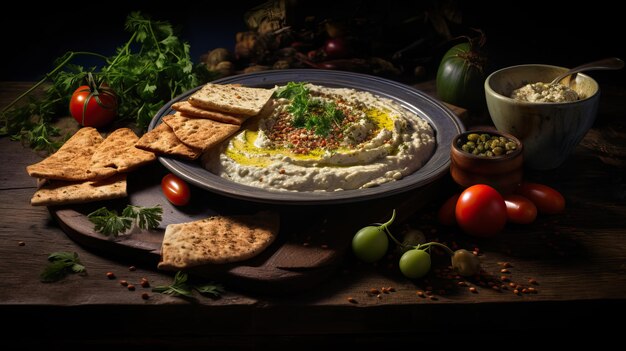Hummus delicioso com legumes frescos e pães planos