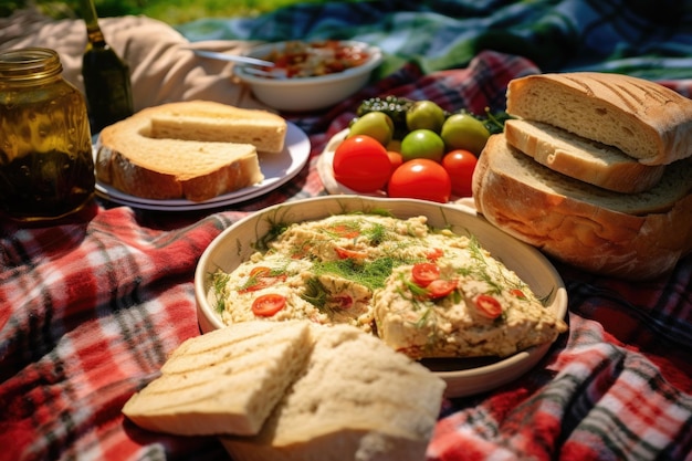 Hummus e fatias de pão pita em um cobertor de piquenique