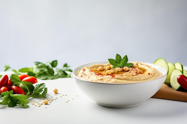 Foto hummus em uma tigela com ingredientes em fundo claro