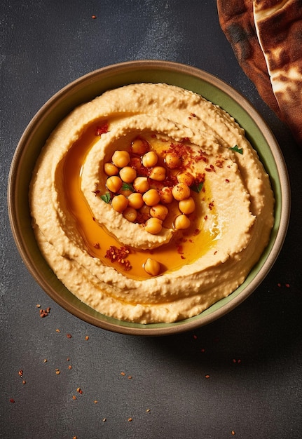 Hummus-Gericht auf einem Teller auf Tischhintergrund Küchen mit Kichererbsen ein vegetarisches Gericht
