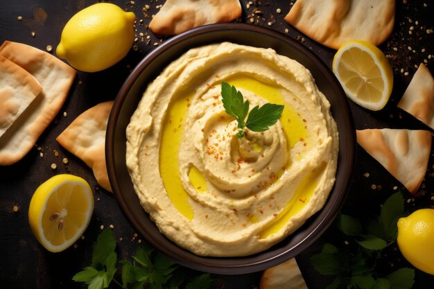 Foto hummus harmony captivating overhead shot con rebanadas de limón picantes y 32