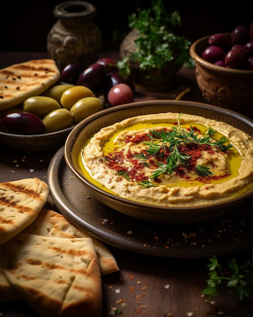 Hummus mit Oliven und Brot