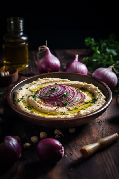 Hummus mit roter Zwiebel und Öl auf dem dunklen Tisch