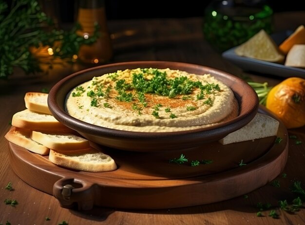 hummus en un plato de arcilla con perejil y croutones Platos de garbanzos en tabla de madera Plato vegetariano