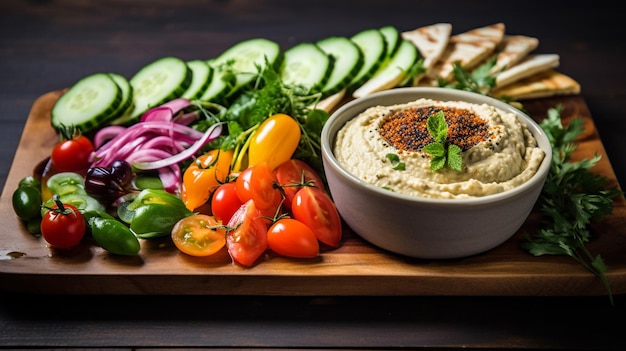 Hummus y plato de verduras con ensalada de granos