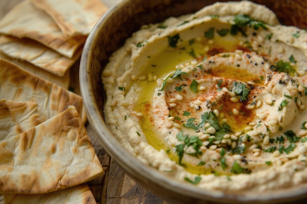Hummus salsa con chickpea perejil aceite de oliva y patatas fritas