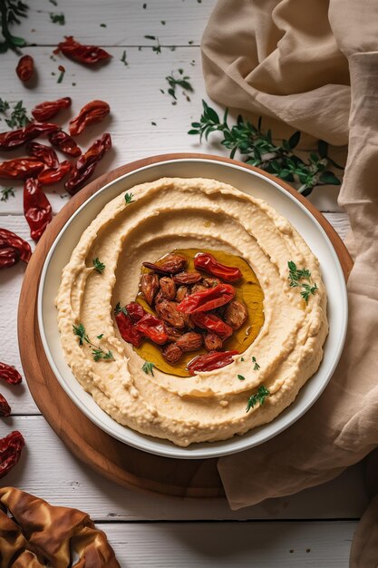 hummus con tomates secos al sol en la mesa de madera colocado plano