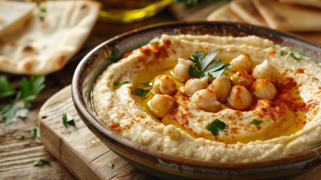 Hummus tradicional de grão-de-bico com pão de pita e pimentão no topo