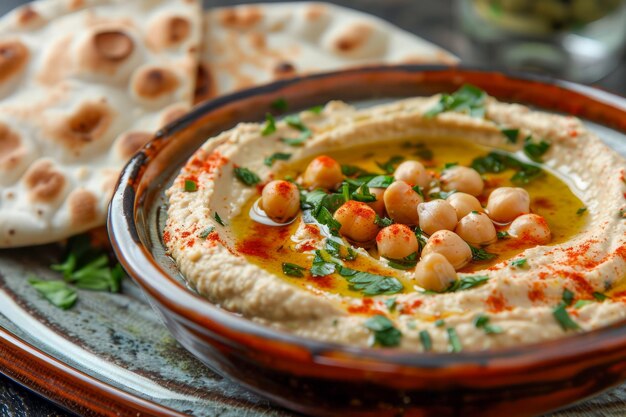 Hummus tradicional do Oriente Médio coberto com óleo de oliva de grão-de-bico e páprica servido com pita