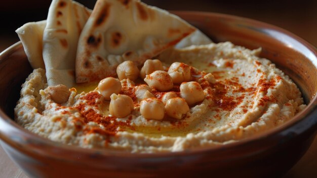 Hummus tradicional de garbanzos con pan de pita y pimentón en la parte superior