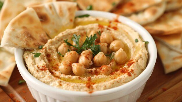 Foto hummus tradicional de garbanzos con pan de pita y pimentón en la parte superior