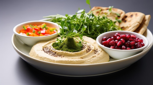 Hummus tradicional servido con verduras frescas y pan de pita en una mesa elegante