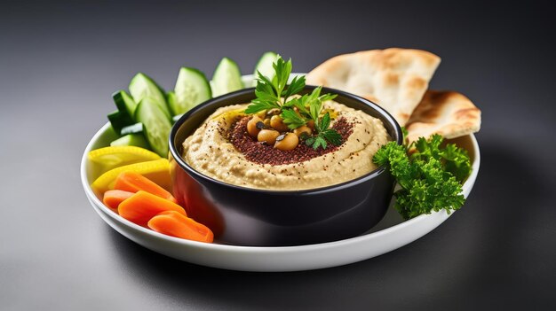 Foto hummus tradicional servido con verduras frescas y pan de pita en una mesa elegante