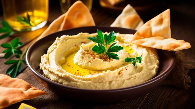 Hummus und Flachbrot auf dem Tisch Selektives Fokus Essen