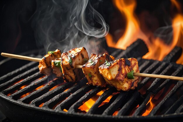 El humo aromático de una parrilla de paneer tikka caliente