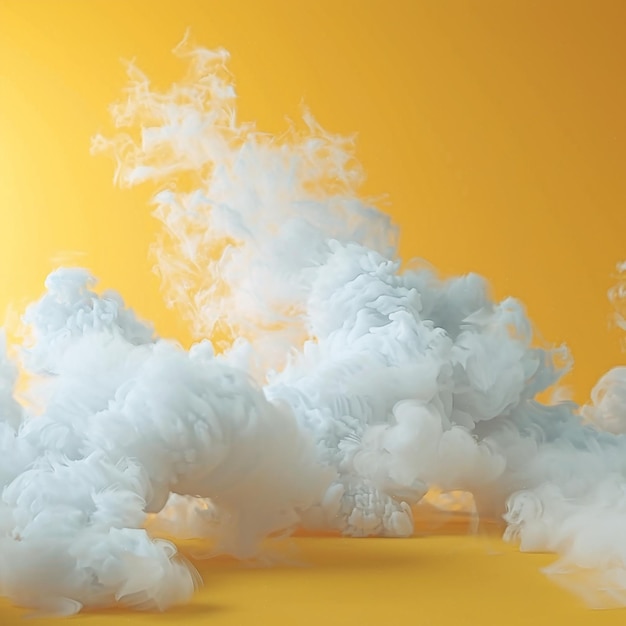 El humo blanco denso renderizado en 3D se mueve a través del piso sobre un fondo amarillo