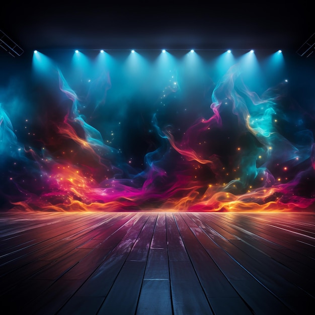 un humo de colores brillantes se eleva desde un escenario con pisos de madera ai generativo