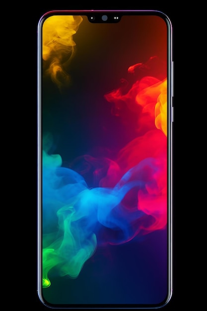 Foto humo de colores en la pantalla del móvil sobre fondo negro ia generativa