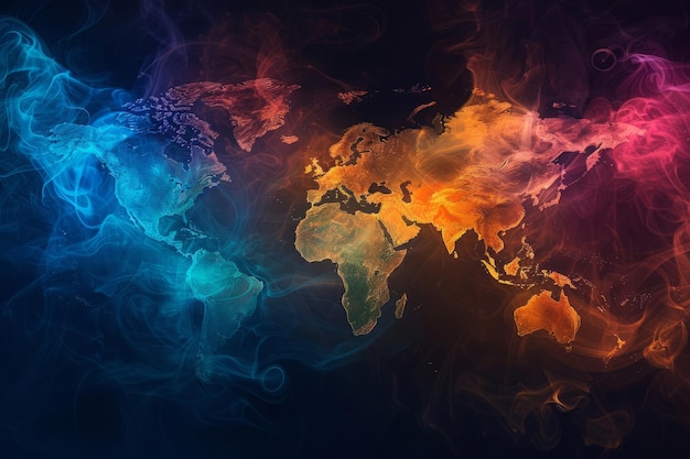 Foto el humo de colores vibrantes da forma a un mapa del mundo contra un fondo oscuro