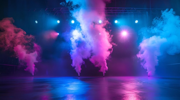 El humo del escenario vibrante bajo luces brillantes la escena de la pista de baile vacía la atmósfera dinámica teatral la vida nocturna el entretenimiento de fondo la IA