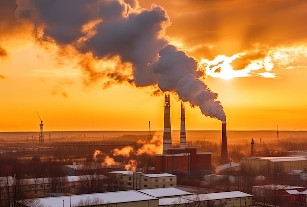 El humo industrial de la chimenea en el dramático cielo al atardecer