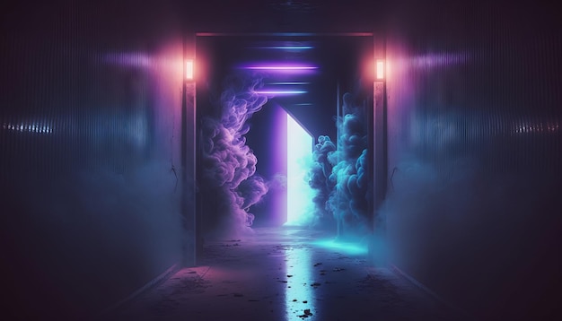 Humo Niebla Pasillo futurista con láser de neón Led Azul Púrpura Túnel brillante Reflejo de metal Generativo ai