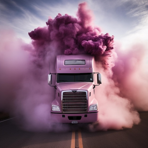 El humo púrpura se eleva desde un camión en una carretera generativa ai
