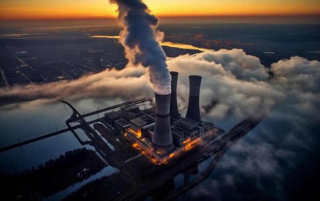 Foto humo que sale de una chimenea de fábrica en el aire generativo ai