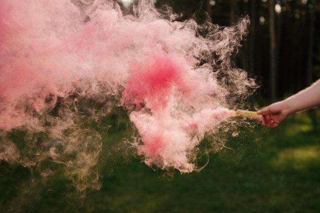 Humo rosa de una bomba de humo en la naturaleza