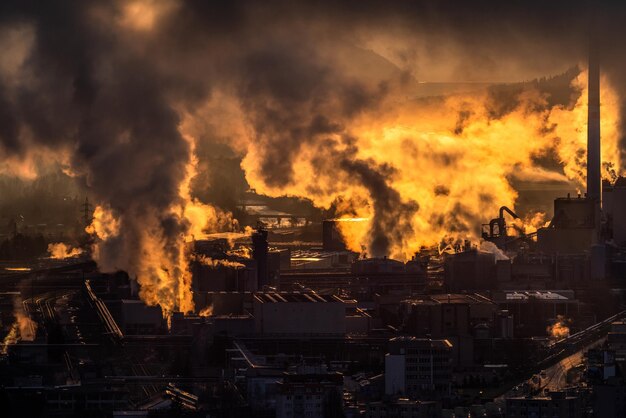 Foto humo y vapor de fábrica con chimenea contaminación del aire industrial cielo colorido con sol