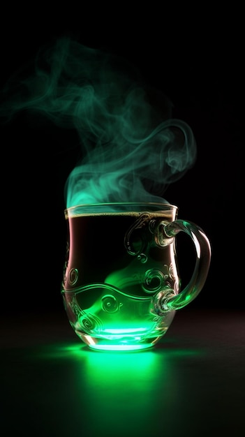 Humo verde en un vaso de vidrio con fondo negro
