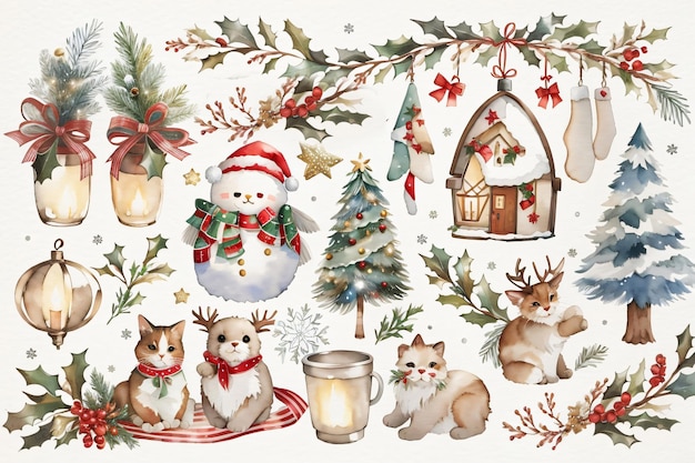 Humor de férias de Natal Ilustração de aquarela desenhada à mão Um conjunto de objetos no tema de Natal