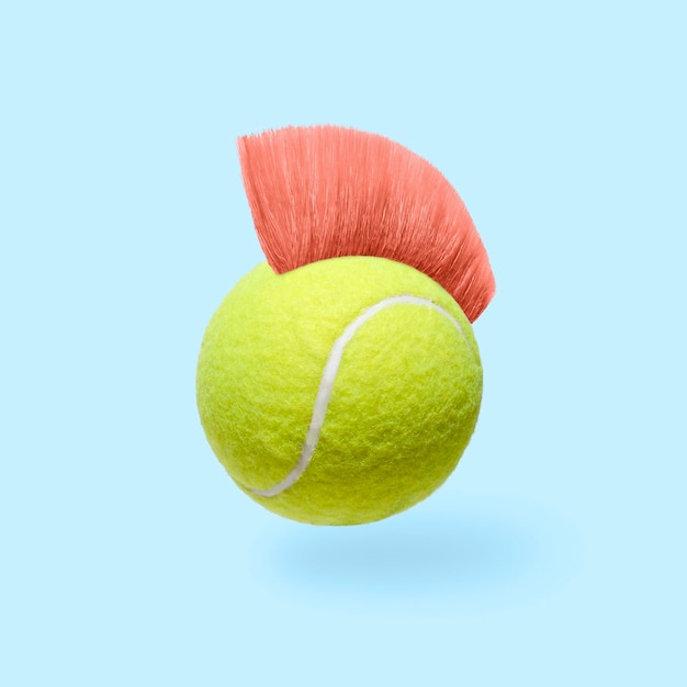 Foto humor pop art divertida bola de tênis com um penteado moicano rosa