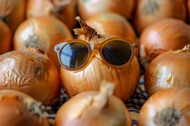 Humorístico concepto de cebolla antropomórfica con gafas de sol vegetales orgánicos frescos en el mercado