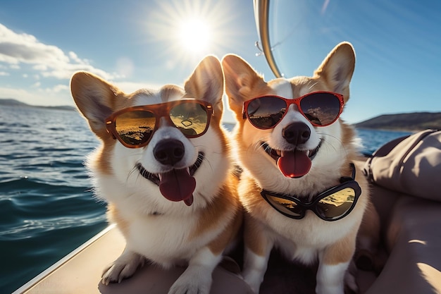 Humorvolle Corgi-Hunde mit Sonnenbrille haben Spaß Generative Ai
