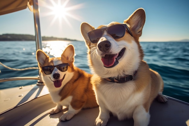 Humorvolle Corgi-Hunde mit Sonnenbrille haben Spaß Generative Ai