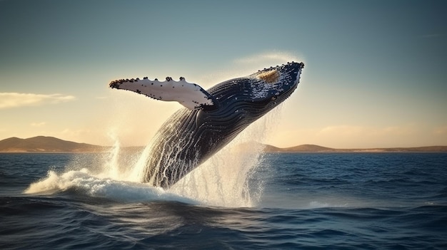 Humpbackwal springt aus dem Wasser, der Wal sprüht Wasser und fällt auf den Rücken.