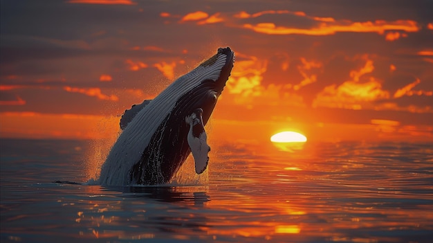 Foto humpbackwal taucht bei sonnenuntergang in den ozean