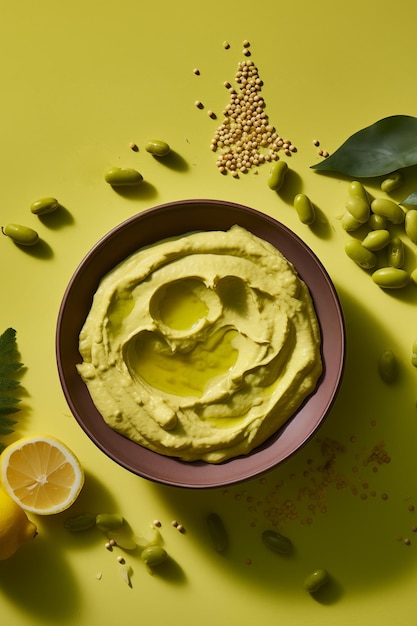 humus de edamame con frijoles de limón y especias en el fondo verde